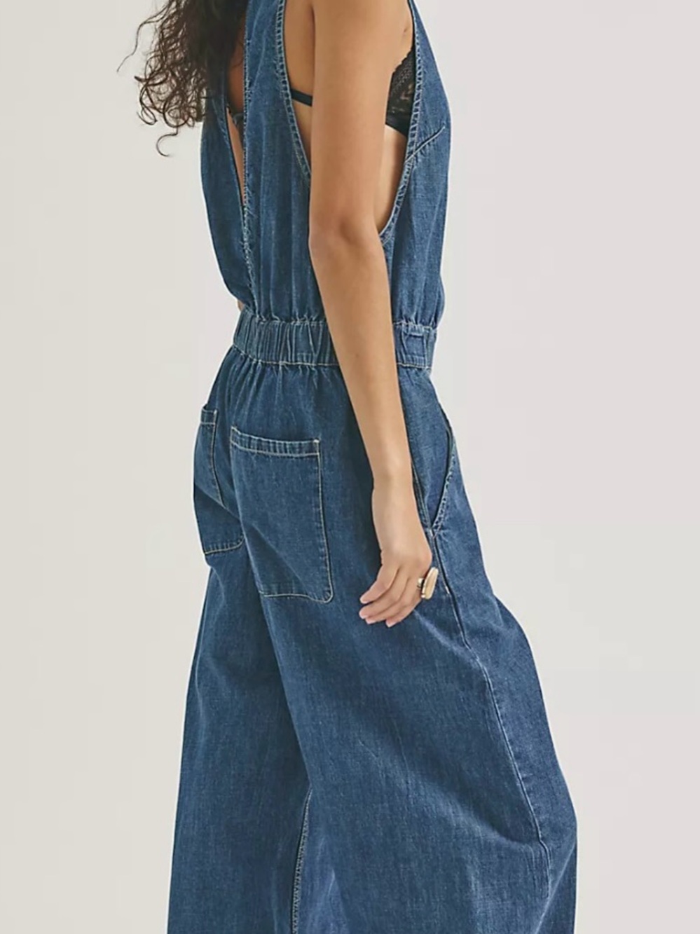 Free People Washed Blue Denim Wide-Leg Overalls - Picture 3 of 6